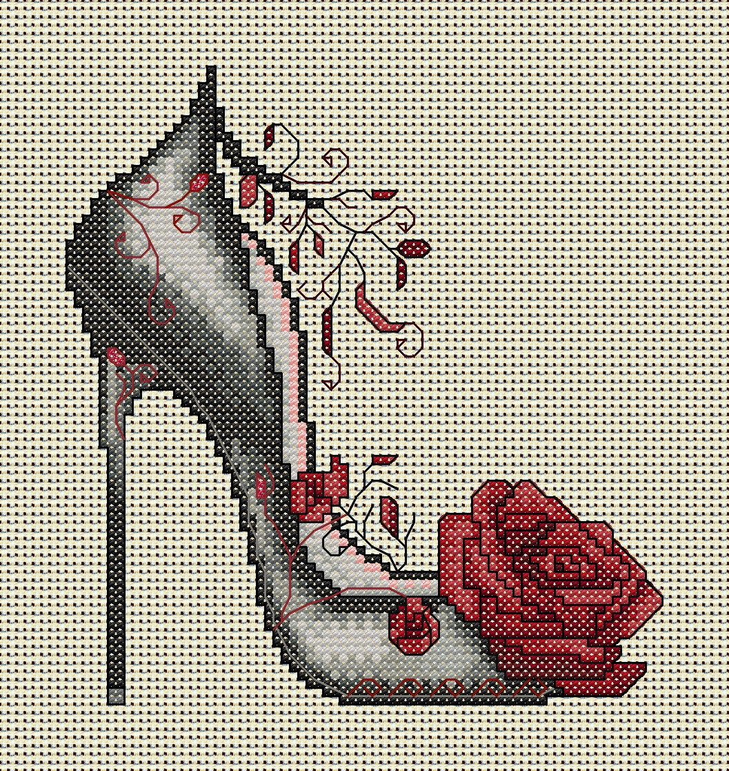 Siren Gothic High Heel Shoe Cross Stitch Chart — Black & Red Rose PDF Pattern Download
