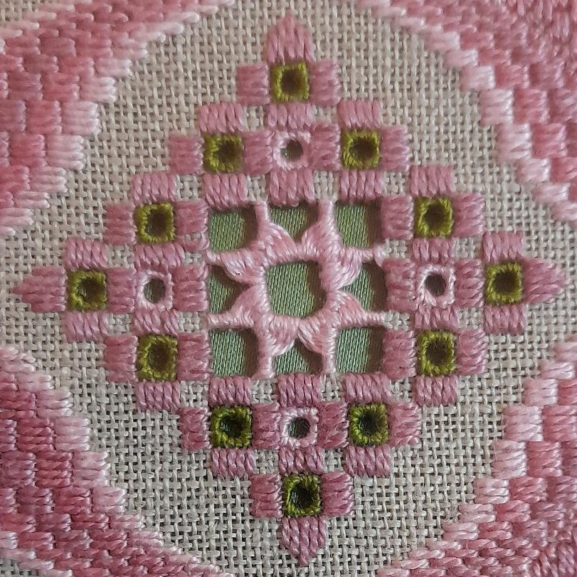 Dusky Pink & Green Bargello Spring with Hardanger Elements — Embroidery Chart PDF Download