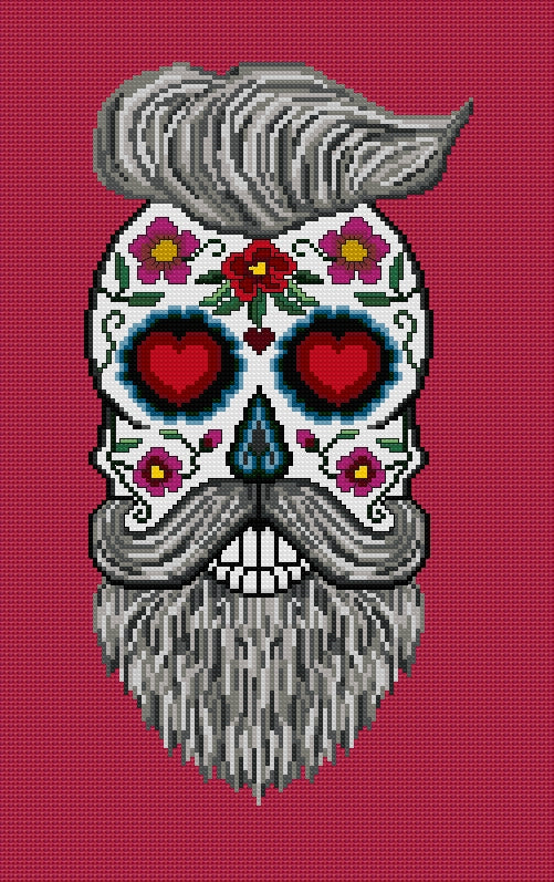 Hairy Hipster Sugar/Day of the Dead Skull Cross Stitch Chart — PDF Download