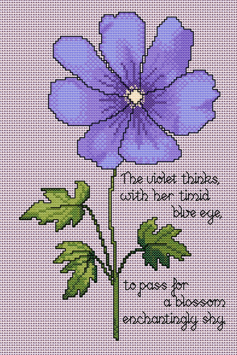 Violet Cross Stitch Chart with Verse — Botanical Floral PDF Pattern Download