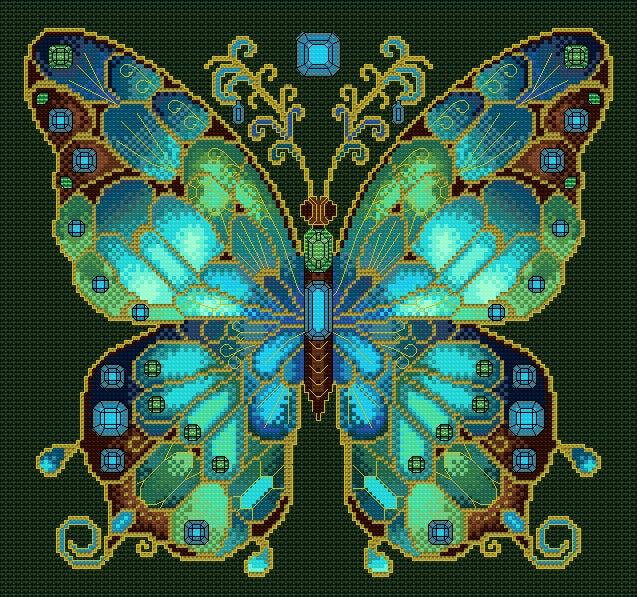 Aquamarine & Emerald Jewelled Fantasy Butterfly Cross Stitch Chart — PDF Pattern Download