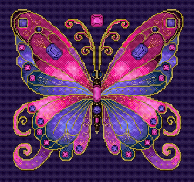 Rose Quartz & Tanzanite Jewelled Fantasy Butterfly Cross Stitch Chart — PDF Pattern Download
