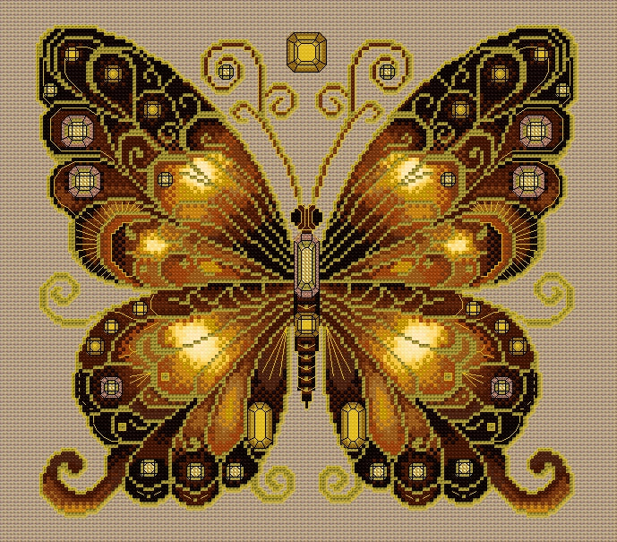 Smokey Quartz & Citrine Jewelled Fantasy Butterfly Cross Stitch Chart — PDF Pattern Download