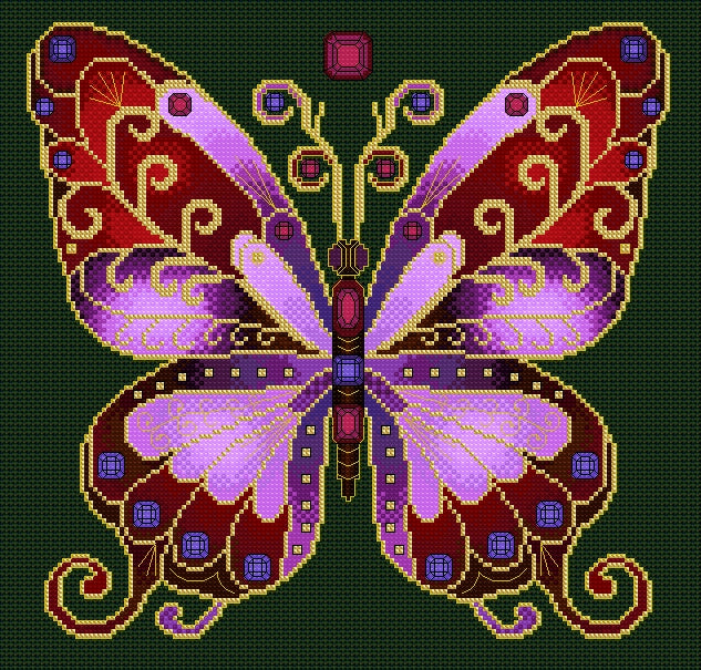 Ruby & Amethyst Jewelled Fantasy Butterfly Cross Stitch Chart — PDF Pattern Download