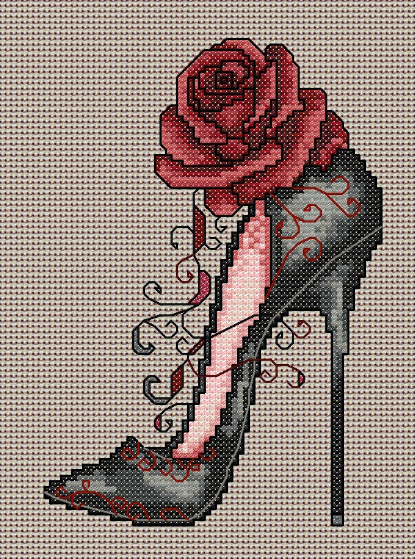 Vixen Gothic High Heel Shoe Cross Stitch Chart — Black & Red Rose PDF Pattern Download