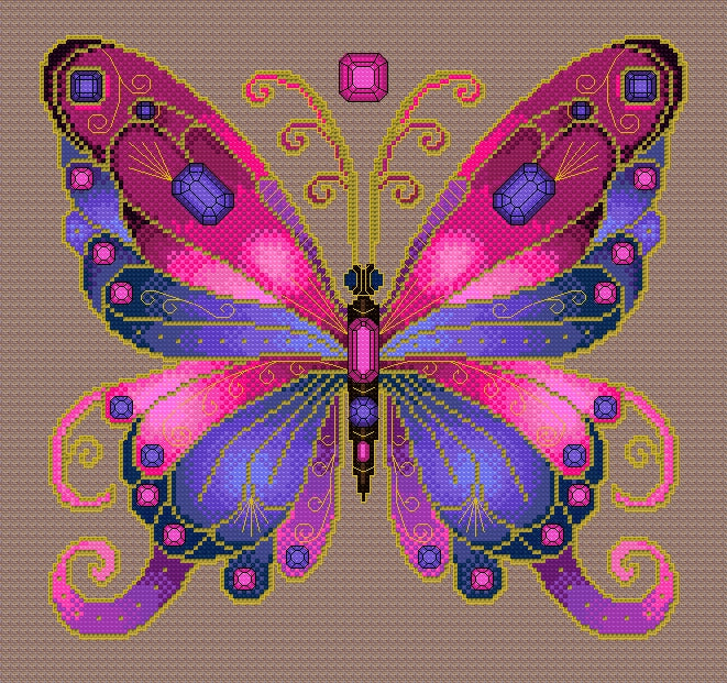 Rose Quartz & Tanzanite Jewelled Fantasy Butterfly Cross Stitch Chart — PDF Pattern Download