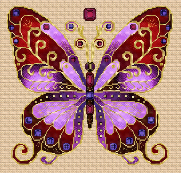 Ruby & Amethyst Jewelled Fantasy Butterfly Cross Stitch Chart — PDF Pattern Download