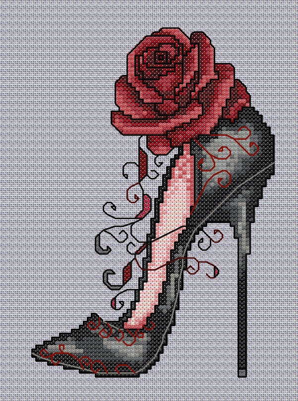 Vixen Gothic High Heel Shoe Cross Stitch Chart — Black & Red Rose PDF Pattern Download