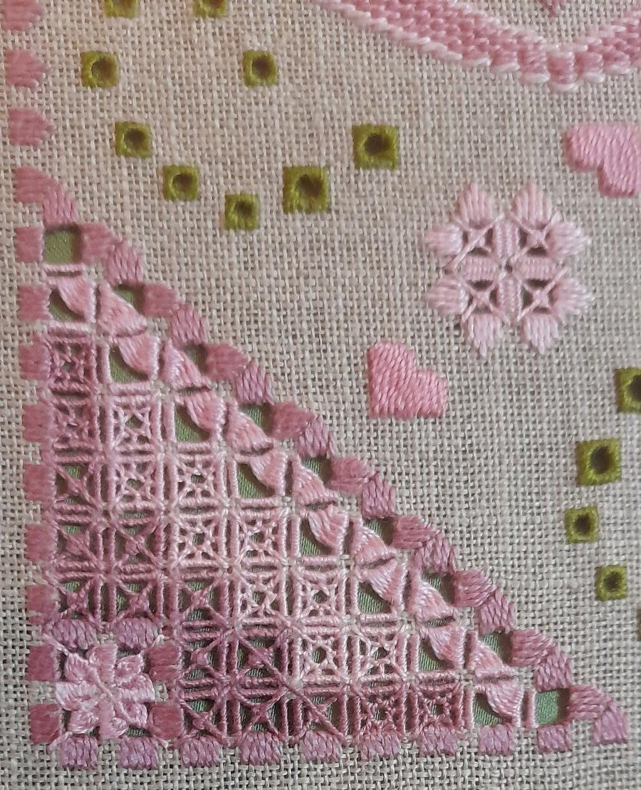 Dusky Pink & Green Bargello Spring with Hardanger Elements — Embroidery Chart PDF Download