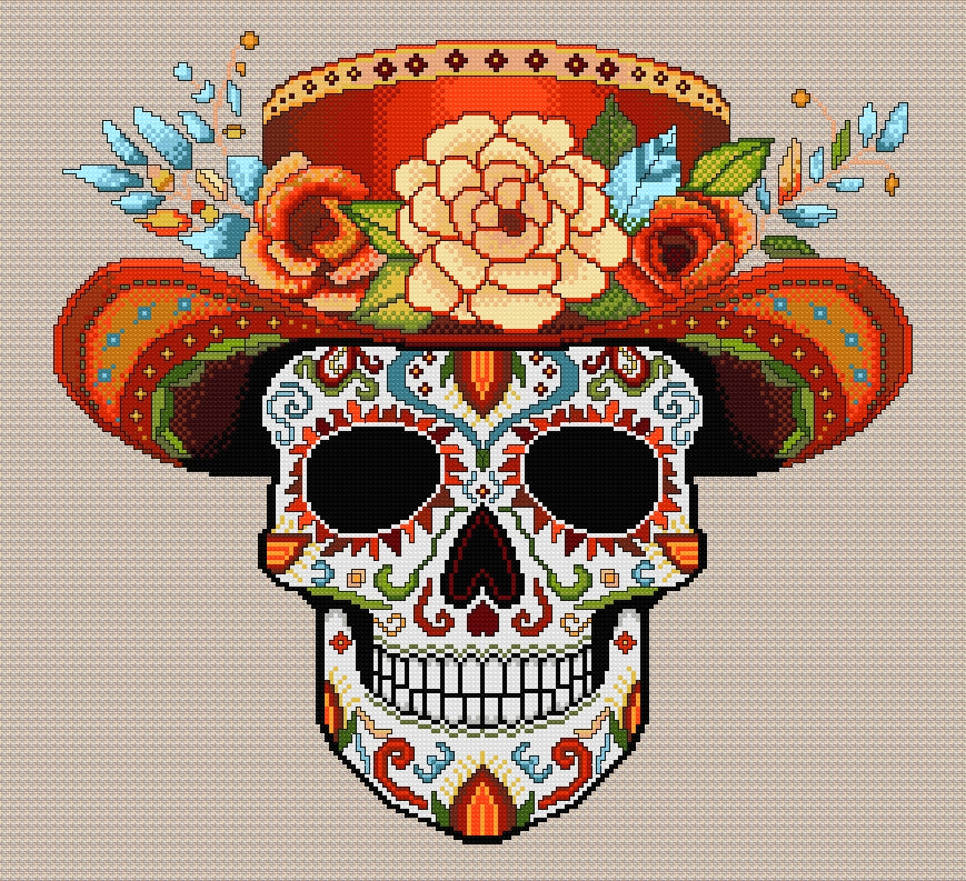 Orange Hat Sugar/Day of the Dead Skull Cross Stitch Chart — PDF Download