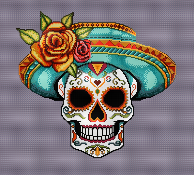 Sassy Sombrero Hat Sugar/Day of the Dead Skull Cross Stitch Chart — PDF Download