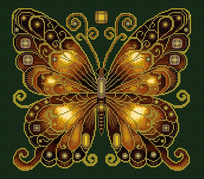 Smokey Quartz & Citrine Jewelled Fantasy Butterfly Cross Stitch Chart — PDF Pattern Download