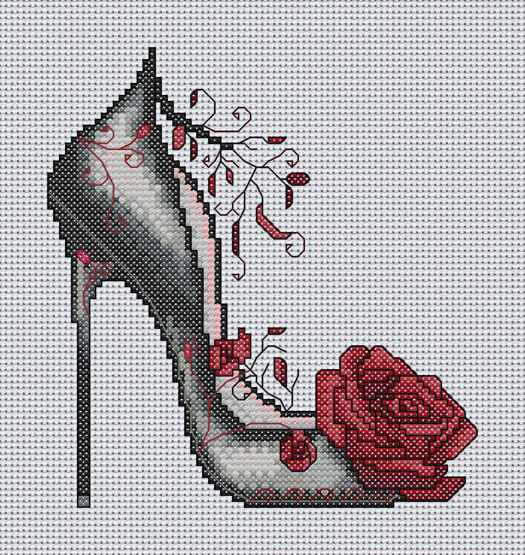 Siren Gothic High Heel Shoe Cross Stitch Chart — Black & Red Rose PDF Pattern Download