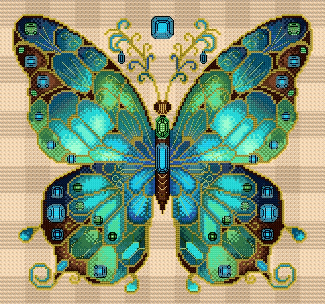 Aquamarine & Emerald Jewelled Fantasy Butterfly Cross Stitch Chart — PDF Pattern Download