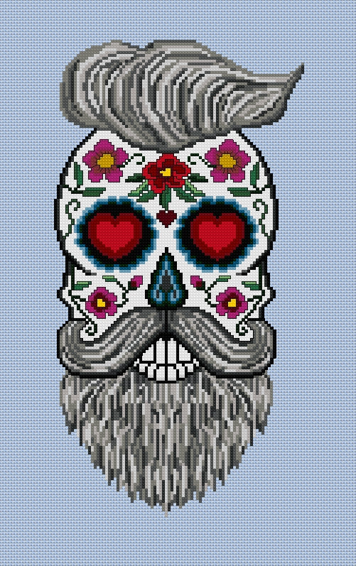 Hairy Hipster Sugar/Day of the Dead Skull Cross Stitch Chart — PDF Download