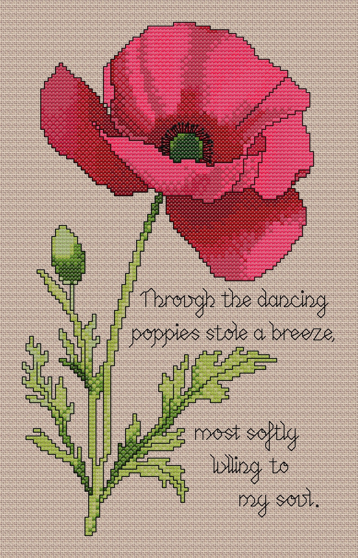 Poppy Cross Stitch Chart with Verse — Botanical Floral PDF Pattern Download