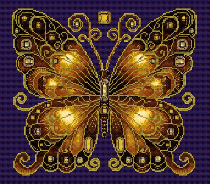 Smokey Quartz & Citrine Jewelled Fantasy Butterfly Cross Stitch Chart — PDF Pattern Download