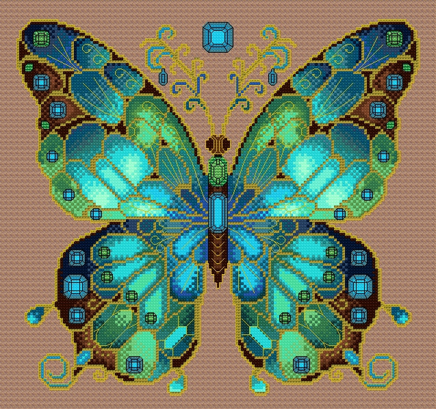 Aquamarine & Emerald Jewelled Fantasy Butterfly Cross Stitch Chart — PDF Pattern Download