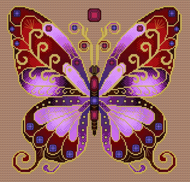 Ruby & Amethyst Jewelled Fantasy Butterfly Cross Stitch Chart — PDF Pattern Download