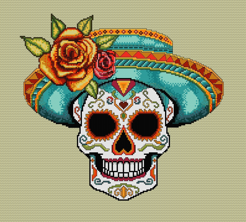 Sassy Sombrero Hat Sugar/Day of the Dead Skull Cross Stitch Chart — PDF Download