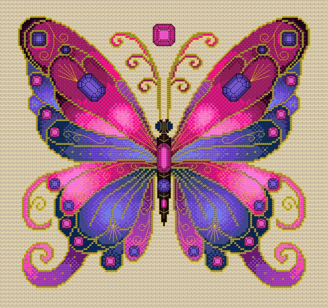 Rose Quartz & Tanzanite Jewelled Fantasy Butterfly Cross Stitch Chart — PDF Pattern Download
