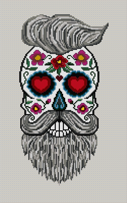 Hairy Hipster Sugar/Day of the Dead Skull Cross Stitch Chart — PDF Download