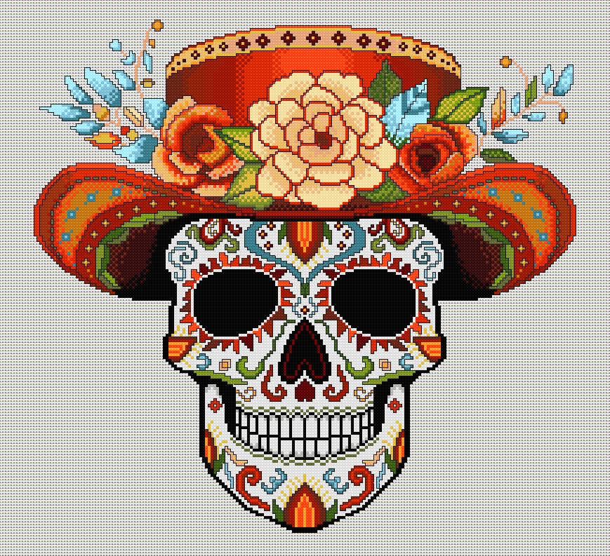 Orange Hat Sugar/Day of the Dead Skull Cross Stitch Chart — PDF Download