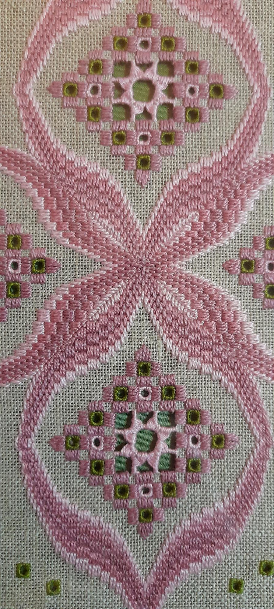 Dusky Pink & Green Bargello Spring with Hardanger Elements — Embroidery Chart PDF Download