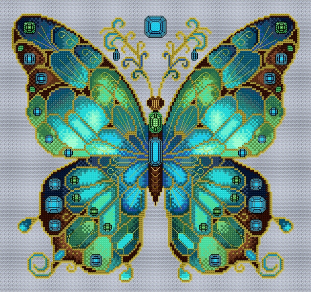 Aquamarine & Emerald Jewelled Fantasy Butterfly Cross Stitch Chart — PDF Pattern Download