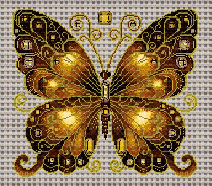 Smokey Quartz & Citrine Jewelled Fantasy Butterfly Cross Stitch Chart — PDF Pattern Download