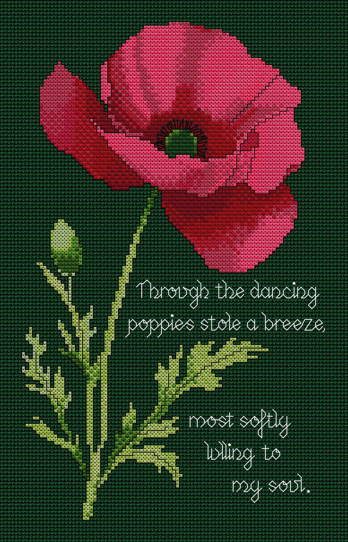 Poppy Cross Stitch Chart with Verse — Botanical Floral PDF Pattern Download