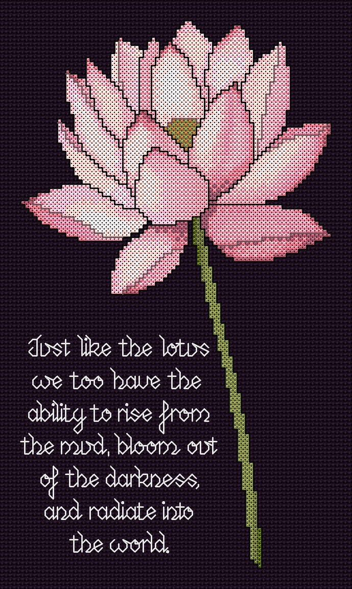 Lotus Flower Cross Stitch Chart with Verse — Botanical Floral PDF Pattern Download