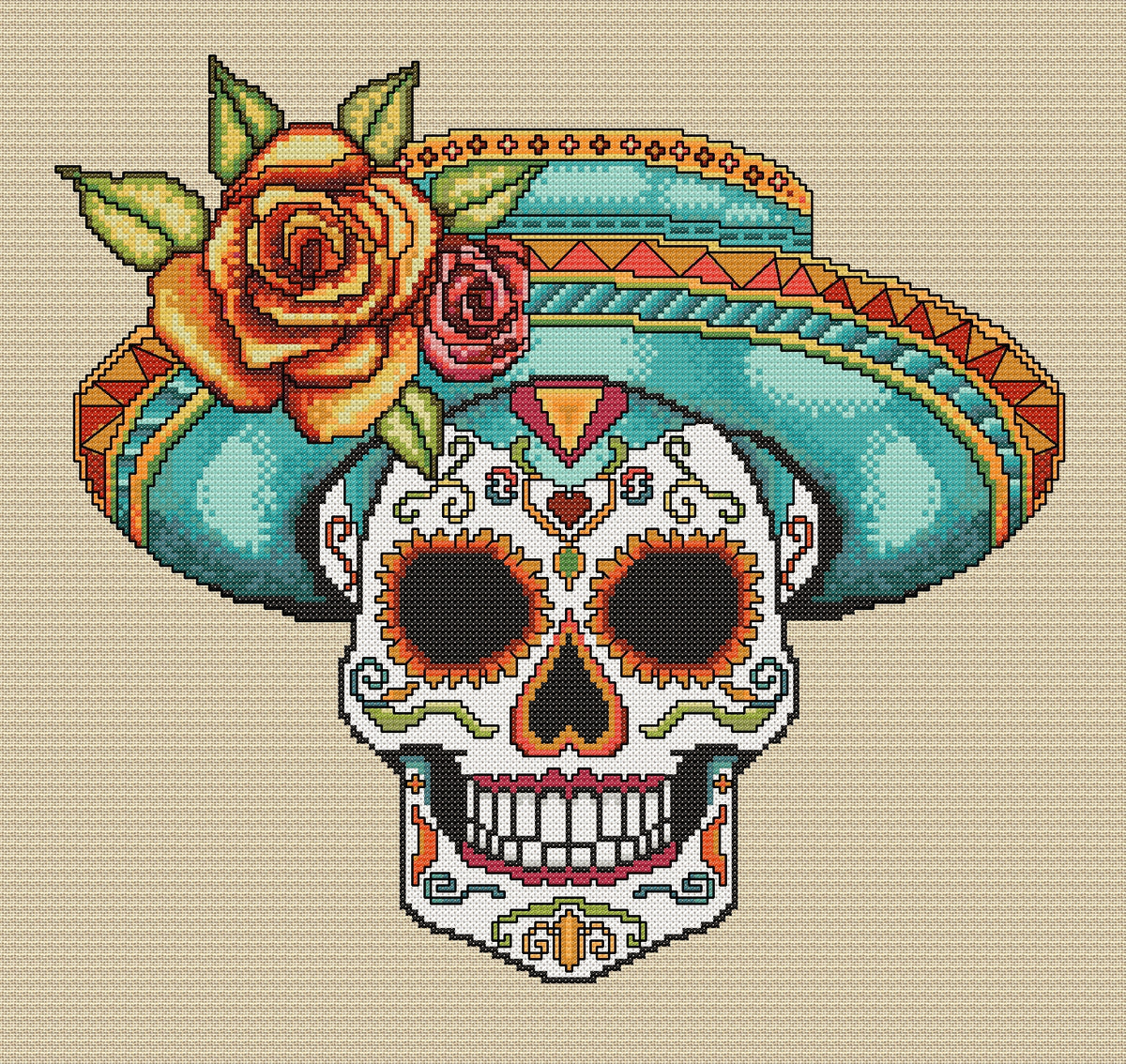 Sassy Sombrero Hat Sugar/Day of the Dead Skull Cross Stitch Chart — PDF Download