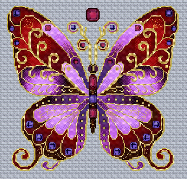 Ruby & Amethyst Jewelled Fantasy Butterfly Cross Stitch Chart — PDF Pattern Download