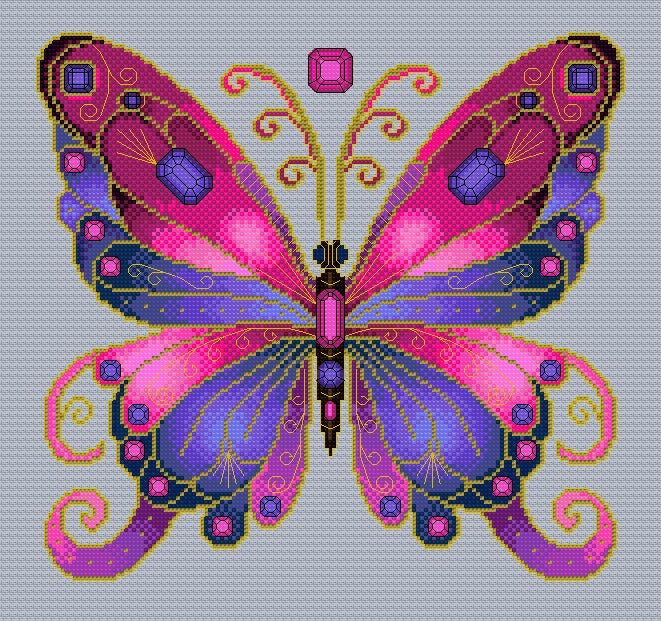 Rose Quartz & Tanzanite Jewelled Fantasy Butterfly Cross Stitch Chart — PDF Pattern Download
