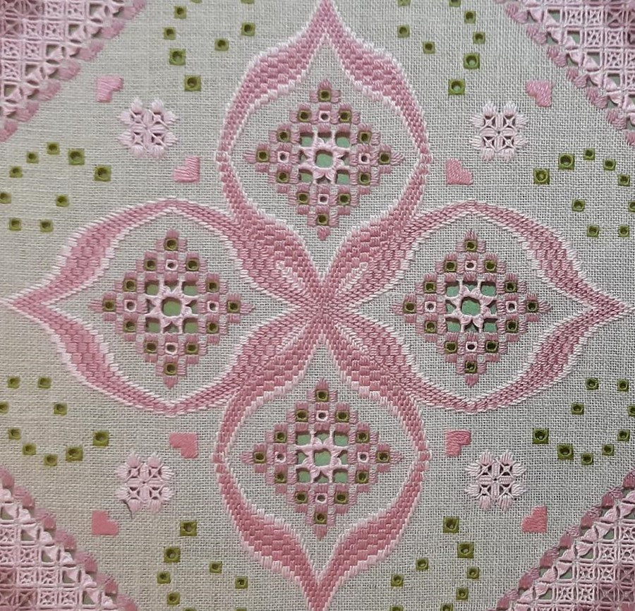 Dusky Pink & Green Bargello Spring with Hardanger Elements — Embroidery Chart PDF Download