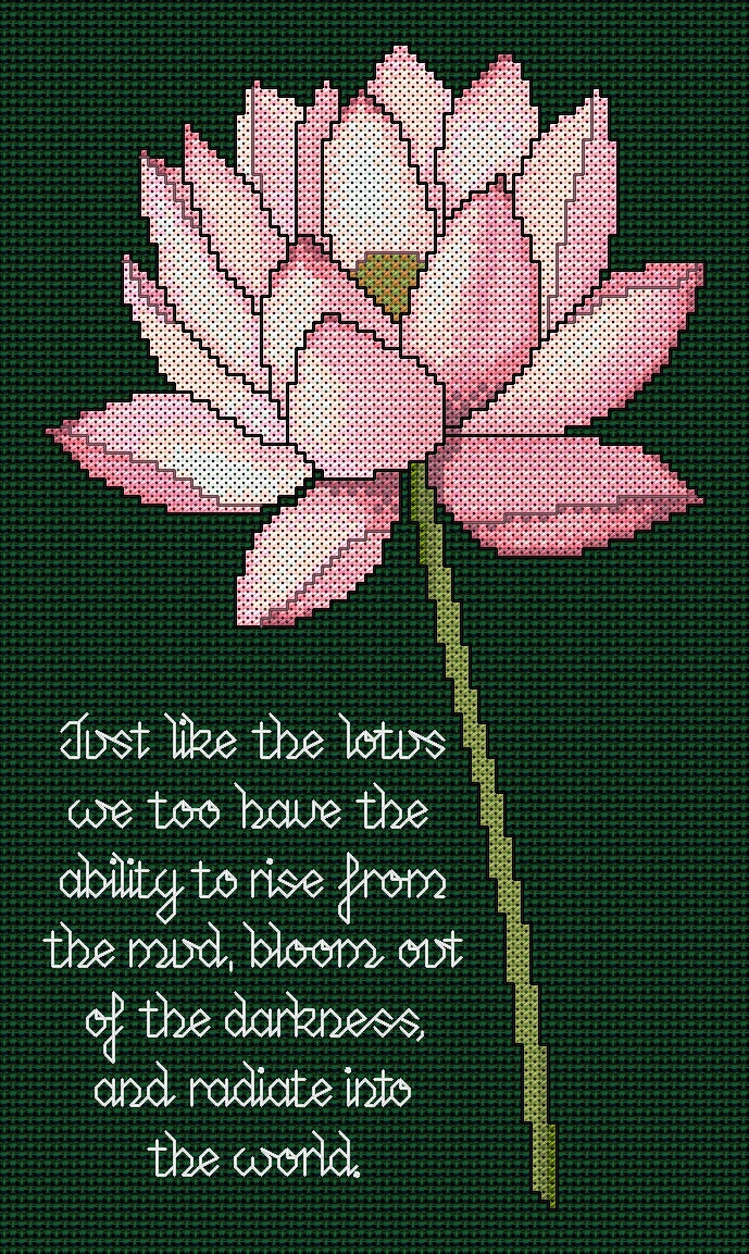 Lotus Flower Cross Stitch Chart with Verse — Botanical Floral PDF Pattern Download