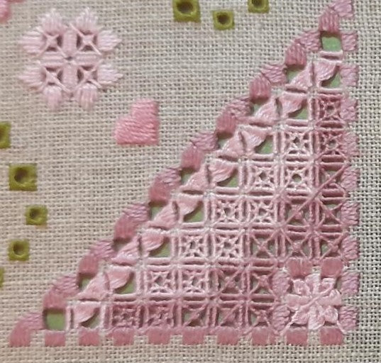 Dusky Pink & Green Bargello Spring with Hardanger Elements — Embroidery Chart PDF Download