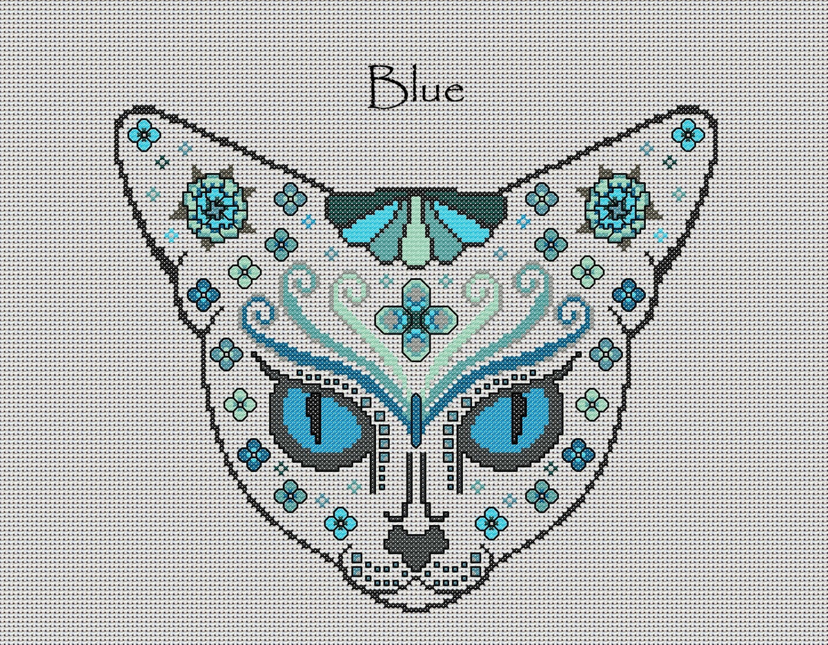 Feline Fantasy Mystical Cat Sugar/Day of the Dead Cross Stitch Chart — 9 Colourways PDF Download