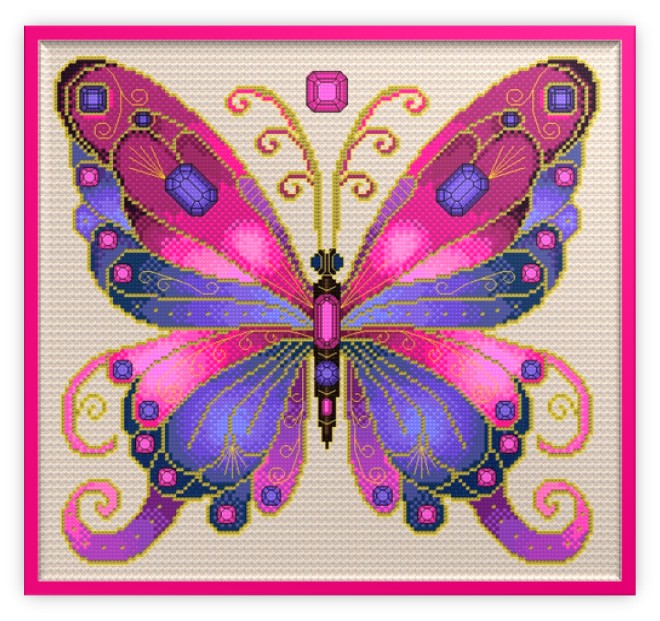 Rose Quartz & Tanzanite Jewelled Fantasy Butterfly Cross Stitch Chart — PDF Pattern Download