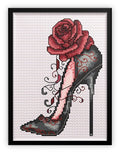 Vixen Gothic High Heel Shoe Cross Stitch Chart — Black & Red Rose PDF Pattern Download
