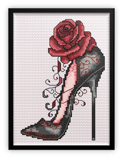 Vixen Gothic High Heel Shoe Cross Stitch Chart — Black & Red Rose PDF Pattern Download