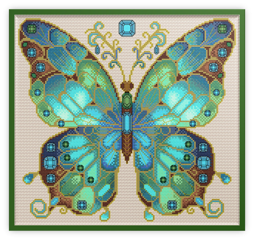Aquamarine & Emerald Jewelled Fantasy Butterfly Cross Stitch Chart — PDF Pattern Download