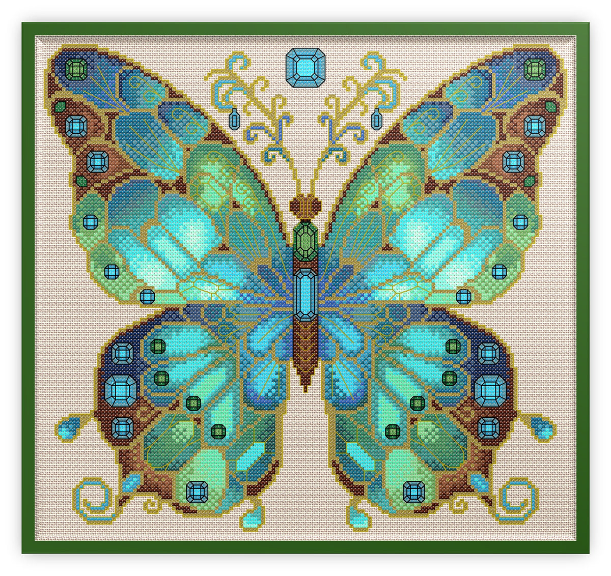 Aquamarine & Emerald Jewelled Fantasy Butterfly Cross Stitch Chart — PDF Pattern Download