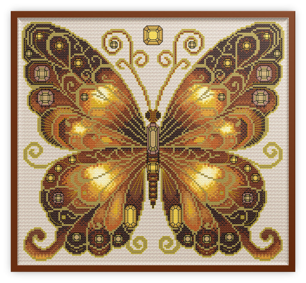 Smokey Quartz & Citrine Jewelled Fantasy Butterfly Cross Stitch Chart — PDF Pattern Download