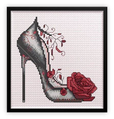 Siren Gothic High Heel Shoe Cross Stitch Chart — Black & Red Rose PDF Pattern Download