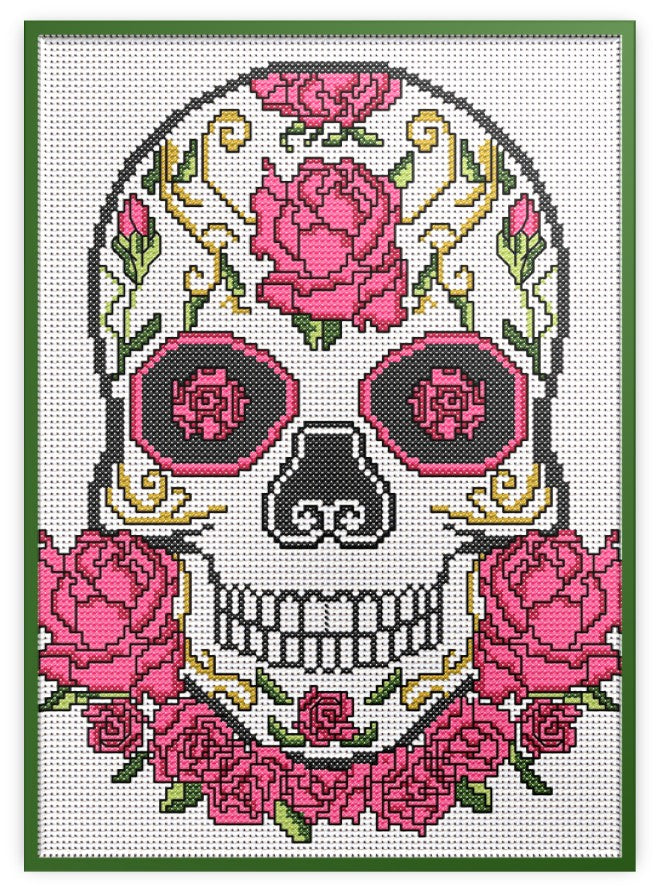Pink Rose Sugar/Day of the Dead Skull Cross Stitch Chart — PDF Download