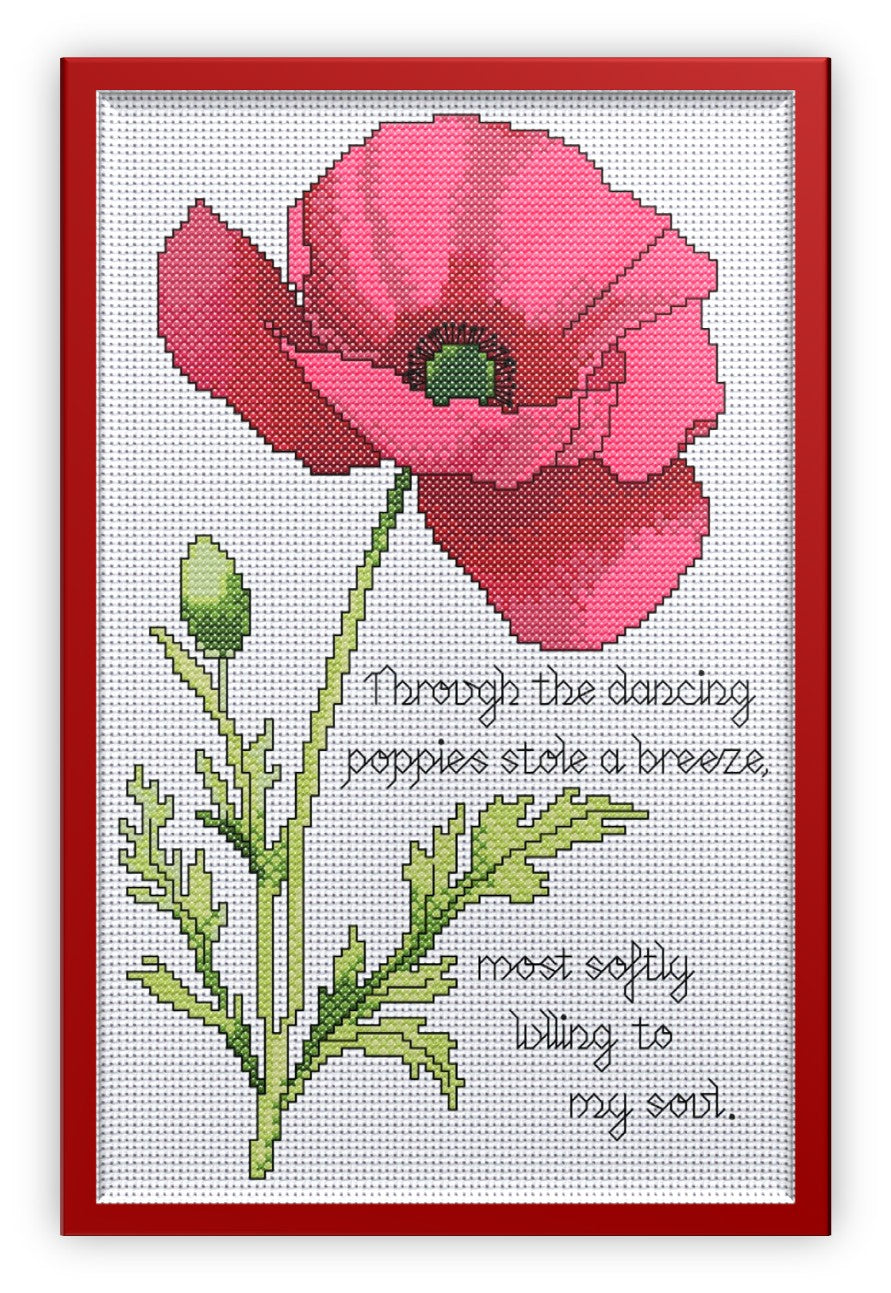 Poppy Cross Stitch Chart with Verse — Botanical Floral PDF Pattern Download