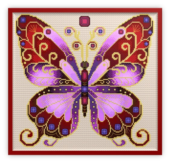 Ruby & Amethyst Jewelled Fantasy Butterfly Cross Stitch Chart — PDF Pattern Download