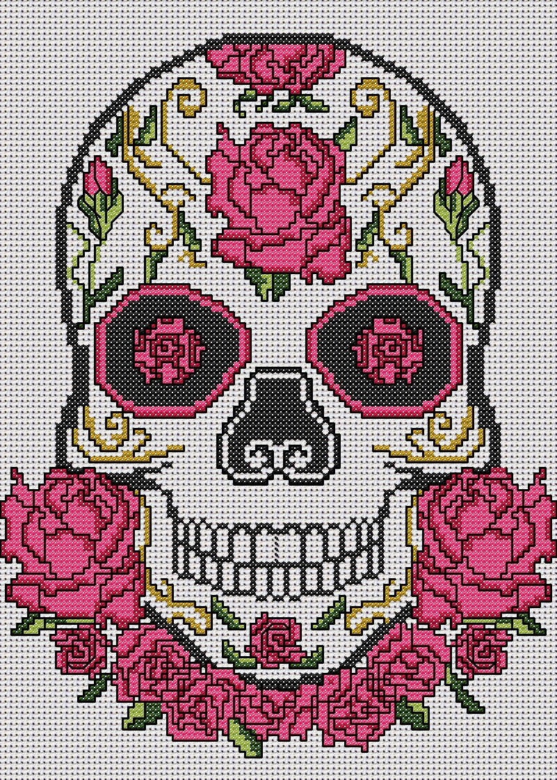 Pink Rose Sugar/Day of the Dead Skull Cross Stitch Chart — PDF Download